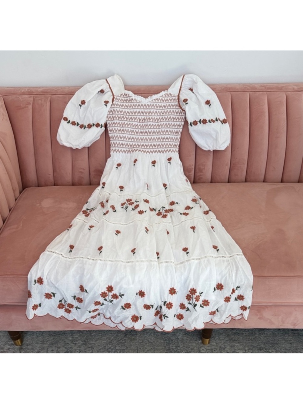 Ivy City Co Cream Midi Dress with Pink and Orange Floral Embroidery - Picture 2 of 3